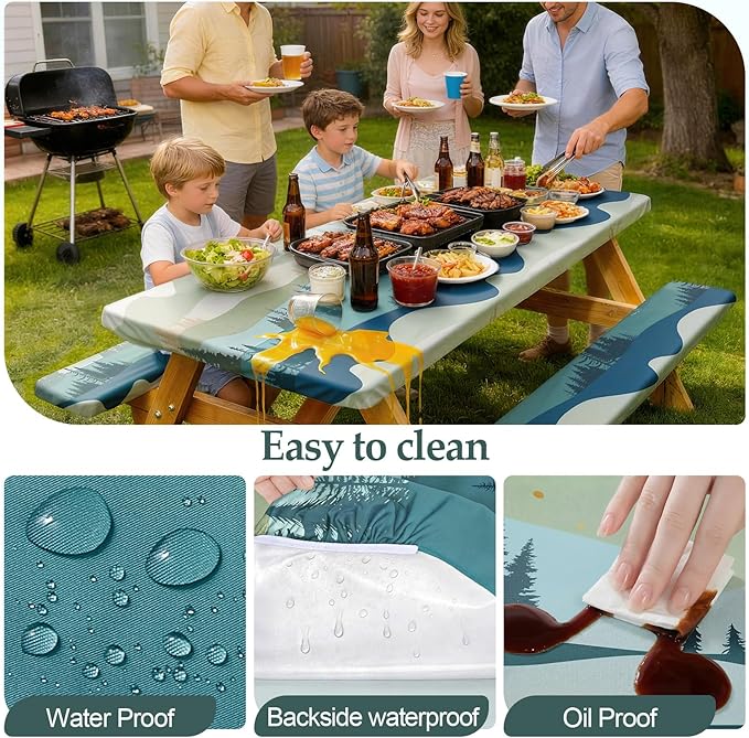 Play Tailor Picnic Table Cover with Bench Covers Camping Essentials Waterproof Windproof Camping Tablecloth with Drawstring Bag, Fitted Rectangle Tables and Seats, 60in, Green Blue