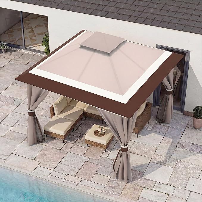 LAUSAINT HOME 10'x10' Outdoor Gazebo, Metal Frame Heavy Duty Patio Canopy Tent Shelter with Double Roofs, Mosquito Nettings and Privacy Screens for Backyard, Garden, Lawn, Classic Khaki