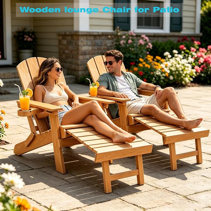 Outdoor Foldable Adirondack Chair with footrest,Patio Recliner,3-Level Adjustable Backrest,Hidden Ottoman,Ergonomic Design,Ideal for Patio,Camping, Pool Use.(Natural)
