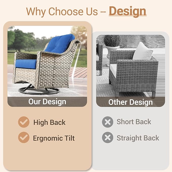HOOOWOOO Patio Furniture Set,7 Pieces Wicker Outdoor Furniture,High Back Conversation Set with All Weather Resistant Fire Pit Table Couch Swivel Chairs Ottomans,Navy Blue