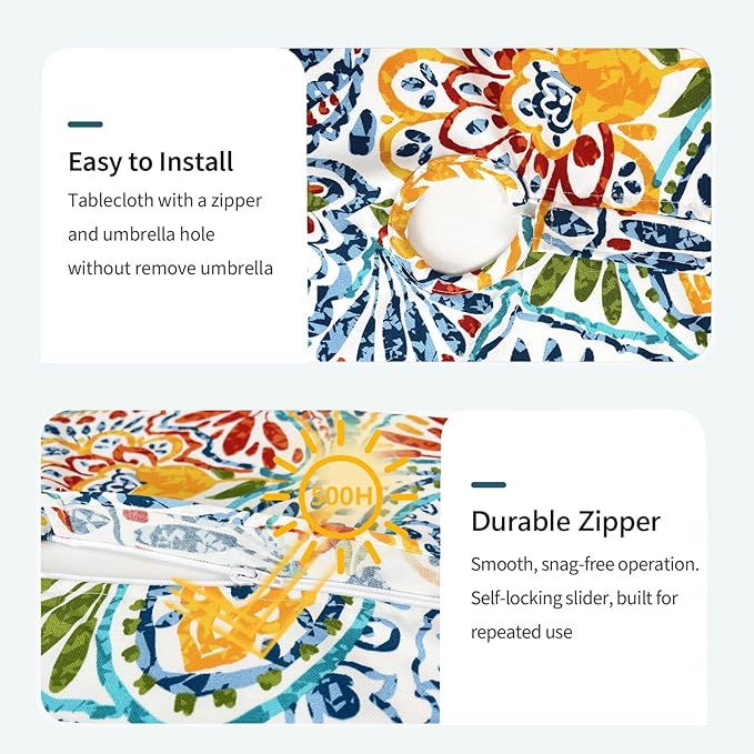 DYTXIII Outdoor Rectangle Tablecloth with Umbrella Hole and Zipper 84" x 60", Water Repellent Floral Picnic Cover, Fade & Wrinkle Resistant Tablecloth for Patio/Garden/Party Table, Paisley Multi