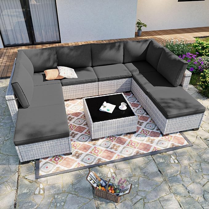 9-Piece Patio Furniture Set, Outdoor Sectional with Ottomans, Modular Patio Sofa, Dual-Strand Wicker Rattan, Rust-Resistant Frame, Backyard Furniture for Garden, Deck, Black