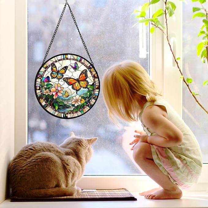 DASTOLL Stained Glass Window Hanging, Butterflies Flying in the Sky Suncatcher for Doors Home Sun Catchers Decoration and Christmas, Mother's Day Birthday Gifts for Women, Men, and Mom 7.8 in