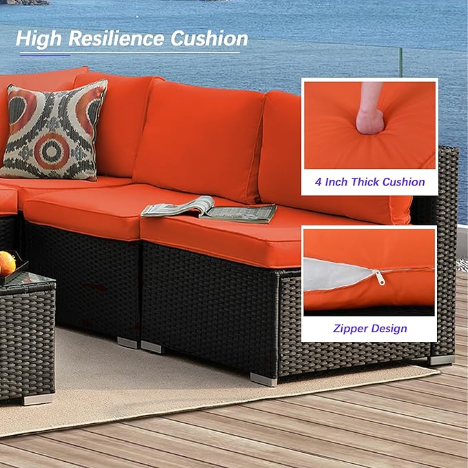 7 Piece Outdoor Patio Furniture Sets, Orange Patio Sectional Furniture All-Weather PE Rattan Sectional Sofa, Outdoor Wicker Conversatin Set w Glass Coffee Table for Backyard, Garden, Porch