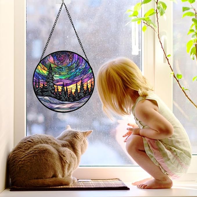 DASTOLL Stained Glass Window Hanging, Van Gogh Night Scene Sun Catchers Colorful Glass Panel Starry Sky Suncatcher Decor for Birthday for Women, Men, Wife, Aunt, and Mom 7.8 in
