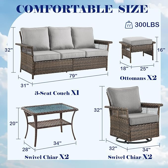 Outdoor Wicker Patio Furniture Set - 6 Piece Rattan Patio Conversation Sets with 2 Swivel Rocking Chairs,2 Ottomans,1 Sofa and 1 Coffee Table for Porch Deck Garden(Brown/Grey)