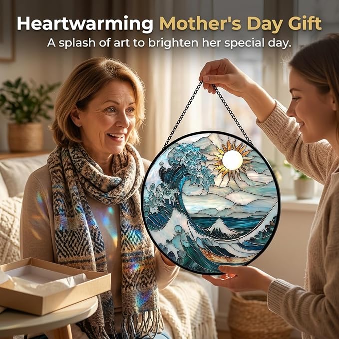 Birthday Gifts for Women - Blue Giant Waves Faux Stained Glass Window Hanging Sun Catcher for Door Garden Acrylic Home Sea Decor Mother's Day for Mom Nana Friend Grandma Wife 6.3"