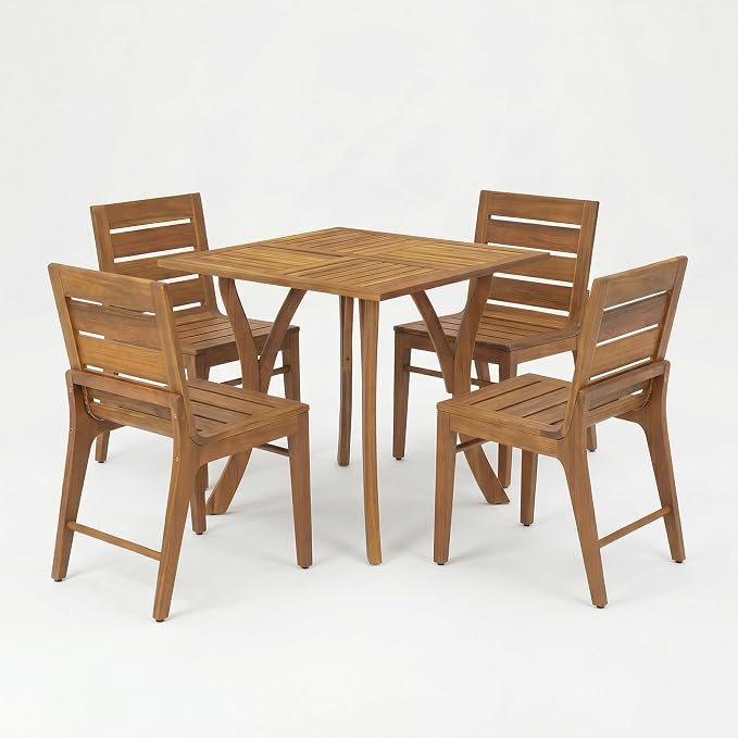 Christopher Knight Home Papali Acacia Wood Patio Dining Set for 4, Weather Resistant Outdoor Dining Table Set for 4, Square Dining Table and Chairs Set of 4 with Slatted Design, Teak