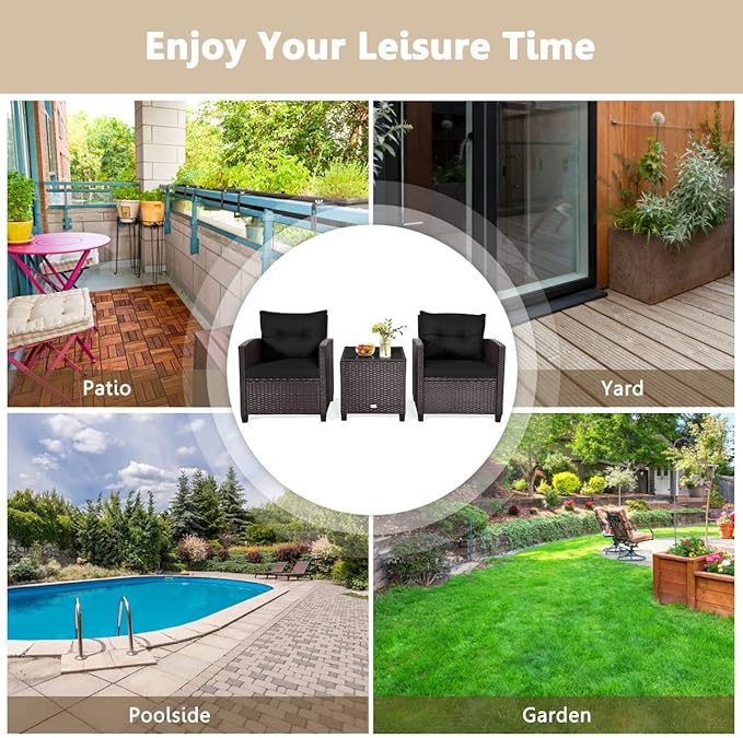 3-Piece Wicker Patio Furniture Set, Outdoor Sofa Set with Water-Resistant Cushion & Tempered Glass Table, Black