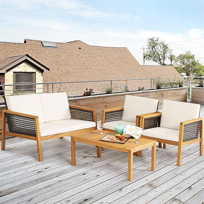 HAPPYGRILL 4 Pieces Patio Conversation Set Acacia Wood Furniture Set with Coffee Table, PE Rattan Wicker Sofa Set with Soft Cushions for Outdoor Garden Deck Poolside
