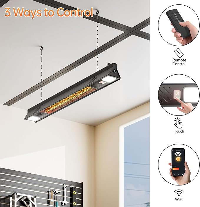Wall-Mounted Electric Heater Hanging Patio with Light Ceiling Outdoor, 1500W Infrared 9 Heat Levels, 24H Timers, 1s Heating Carbon Fiber Tube Wall Heater for Backyard, Garage
