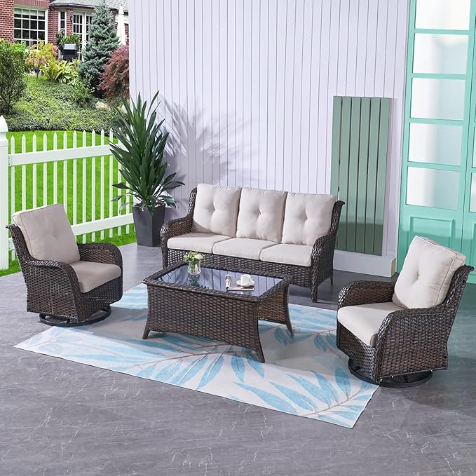 HUMMUH 4 Pieces Outdoor Furniture Patio Furniture Set Wicker Outdoor Sectional Sofa with Swivel Rocking Chairs,Outdoor Coffee Table