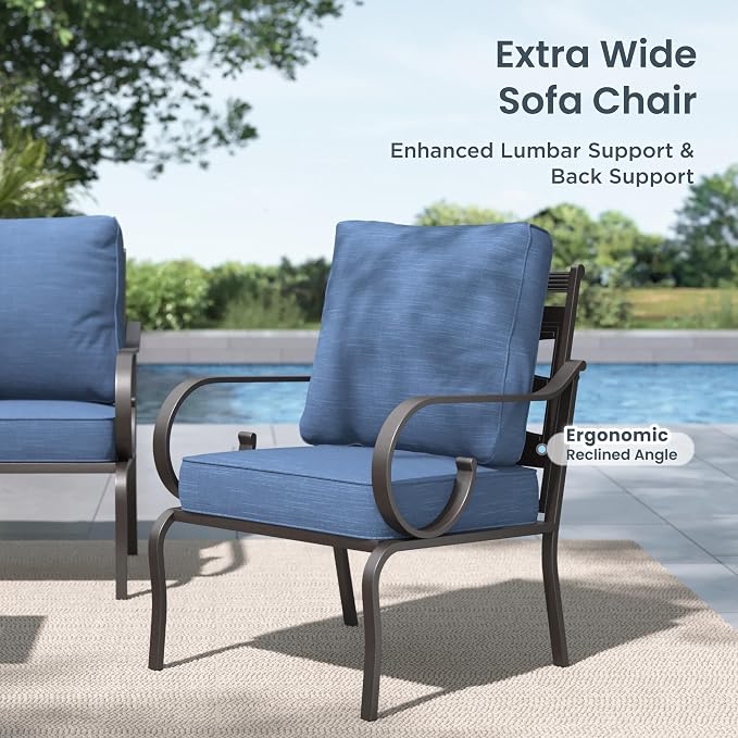 PHI VILLA Patio Furniture Set, 1 Loveseat, 3-Seater Sofa, 2 Fixed Chairs and 1 Coffee Table, Outdoor Metal Conversation Set with 5.75" Extra Thick Cushion for Garden Backyard Deck, Navy