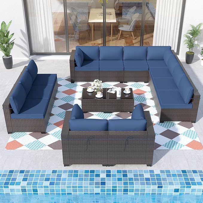 ALAULM 14 Pieces Patio Furniture Set Wicker Patio Conversation Set, Outdoor Sectional Furniture w/Coffee Table & Washable Seat Cushions-Dark Blue