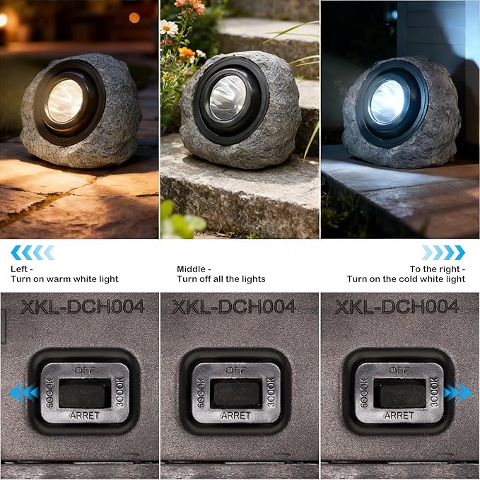 Solar Rock Lights Outdoor,4 Pack IP65 Waterproof LED Solar Ash Gray Garden Stone Spotlights,Warm White & Cool White Switchable,Auto On/Off Landscape Lights for Pathway Walkway Yard Patio