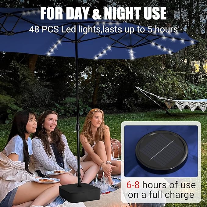 LEVELEVE 15FT Large Patio Patio Umbrella with Base & Solar LED Lights - Double-Sided,Blue