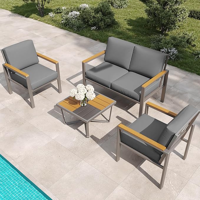 4-Piece Outdoor Patio Furniture Set, Metal Conversation Sofa Set with Deep Cushions & Wood-Like Armrests, Modern Patio Seating with Coffee Table for Garden, Porch, Balcony, Backyard (Black)
