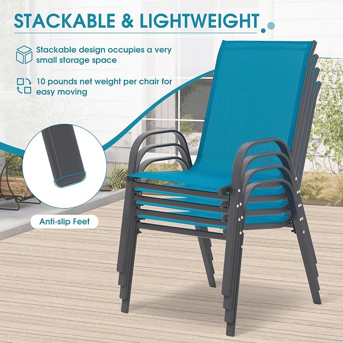 5 Piece Patio Dining Set with Wider 24.4" Stackable Chairs, Outdoor Dining Set for 4 with 36"*36" Table, Gery Metal Frame and Blue Textilene