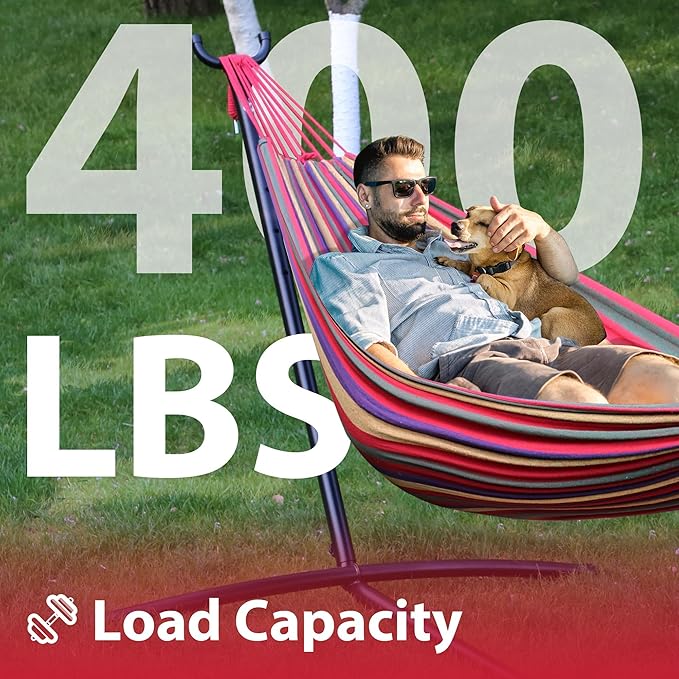 Camping Hammock with Stand - Heavy Duty 400lb Portable Outdoor Double Hammock Set with Carry Bag, Space Saving No Trees Needed 2 Person Hammock for Backyard, Beach, Deck (Red)