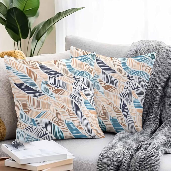 Vandarllin Outdoor Throw Pillows Covers 24x24 inch Set of 2 Waterproof Summer Beach Decorative Zippered Cushion Covers for Patio Furniture, Yellow Blue Ombre Abstract Leaf Lines Lumbar Pillowcases