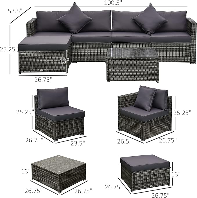 Outsunny 6 Piece Patio Furniture Set Outdoor Wicker Conversation Set All Weather PE Rattan Sectional Sofa Set with Ottoman, Cushions and Tempered Glass Table, Mixed Gray and Gray