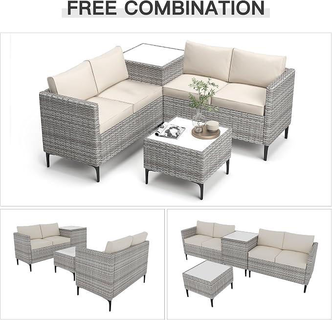 Outdoor PE Rattan Patio Conversation Set with Storage, All-Weather Wicker Sectional Sofa with Cushions for Backyard Garden Porch, Grey White and Khaki