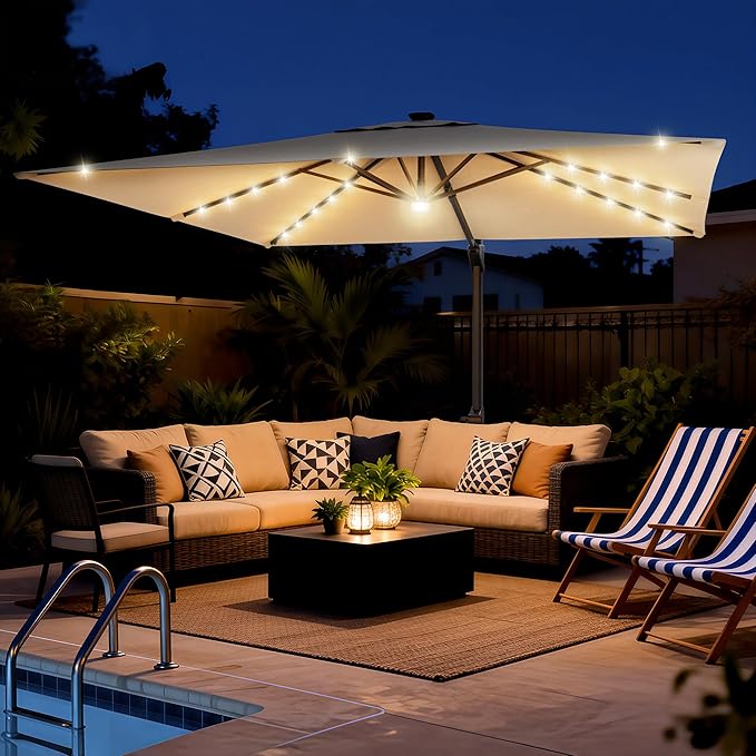 HOMSHADE 10 ft Square Cantilever Patio Umbrella with Base Included, Solar Lights Large Umbrella Outdoor Patio with 360°Rotation&Tilting, LED Lighted Offset Umbrellas w/Stand for Pool Deck