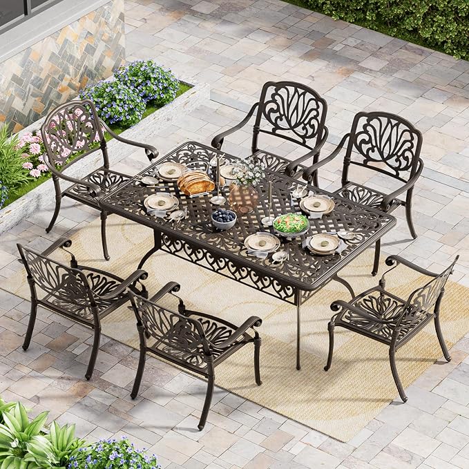 Grepatio 7 Piece Cast Aluminum Patio Dining Set, Outdoor Dining Furniture Set, Patio Table with Umbrella Hole and 6 Dining Chairs Set for Poolside Garden (Without Cushions)