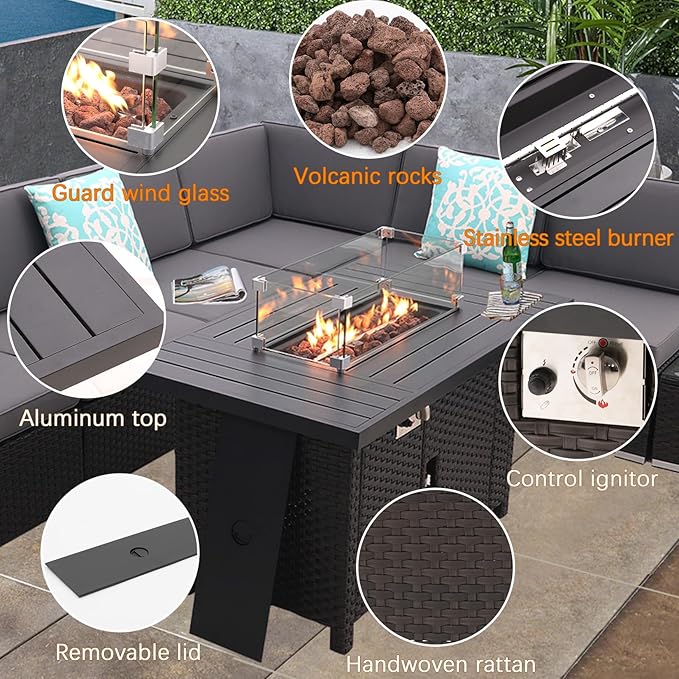 Patio Sofa Set with 46 Inch Firepit Table Coffee Table Outdoor Sectional Patio Conversation Set Patio Furniture All Weather/Thick Cushion/ 8 PCS Rattan Outdoor Sofa