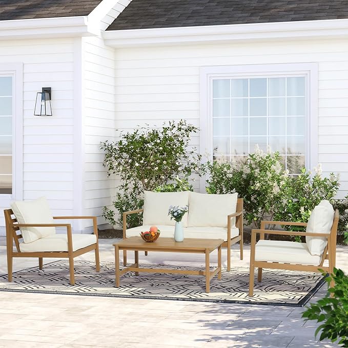 SUNSITT 4 Piece Acacia Wood Patio Furniture Set, Outdoor Conversation Sofa Set with Coffee Table & Cushions for Garden, Backyard, Cream White