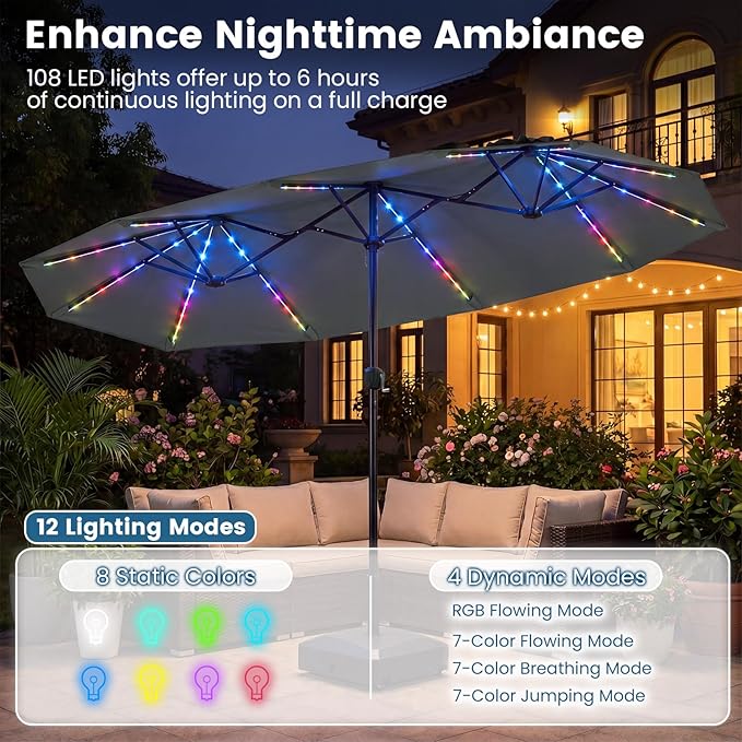 Tangkula 13 Ft Solar Patio Umbrella, Double-Sided Extra Large Outdoor Market Table Umbrella with Multi-Colored Flowing LED Lights, Crank Handle, 12 Sturdy Ribs for Poolside, Garden & Backyard (Gray)