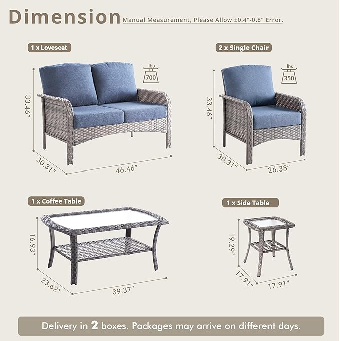 Weaxty Wicker Patio Furniture Set High Back Loveseat Sofa Couch Armchair Coffee Table, All Weather Rattan 4 Pieces Outdoor Conversation Sets for Patio Porch Deck Backyard Poolside, Denim Blue