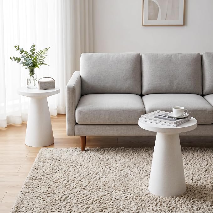 SUNBURY Side Table Outdoor Large, 22"H Concrete End Table w Conical Pedestal, Lightweight Round Accent Table, Decorative Modern Coffee Table, Garden Stool for Patio, Porch, Living Room, Spotted White