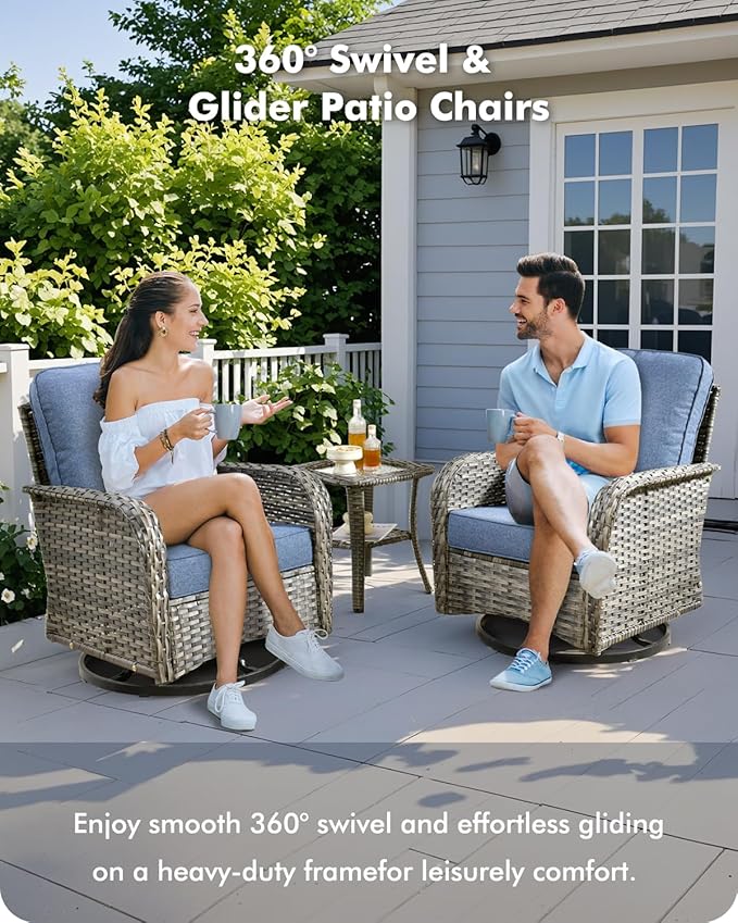 3-Piece Swivel Rocking Rattan Chair Outdoor, Patio Bistro Furniture Conversation Set, Wicker Chair with Coffee Table Blue