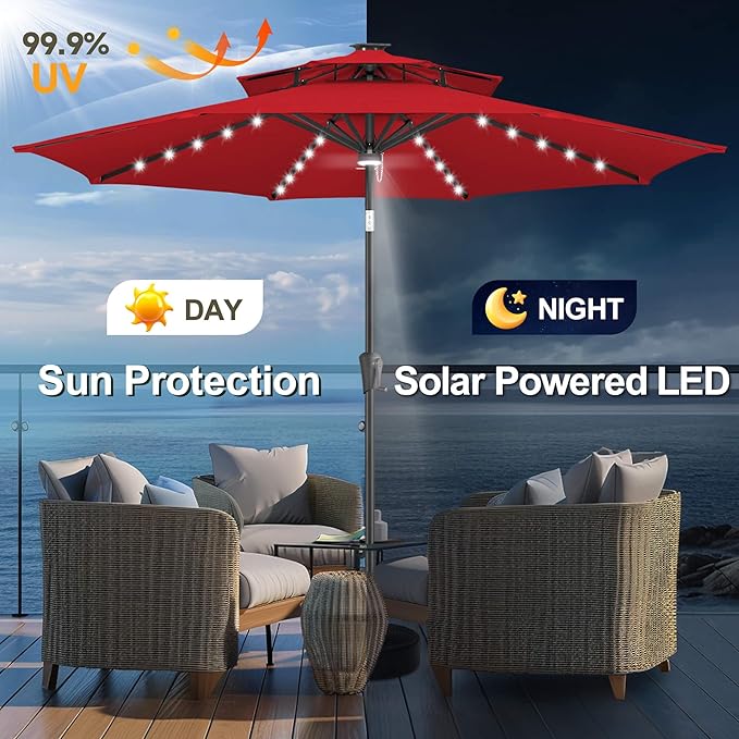 FLAME&SHADE 2 Tiers 9ft Solar Light Patio Umbrella, 40 LED lights outdoor umbrella with Centre Surround Light, Table Market Umbrella for Deck, Pool, Porch, Backyard, Garden (Red)