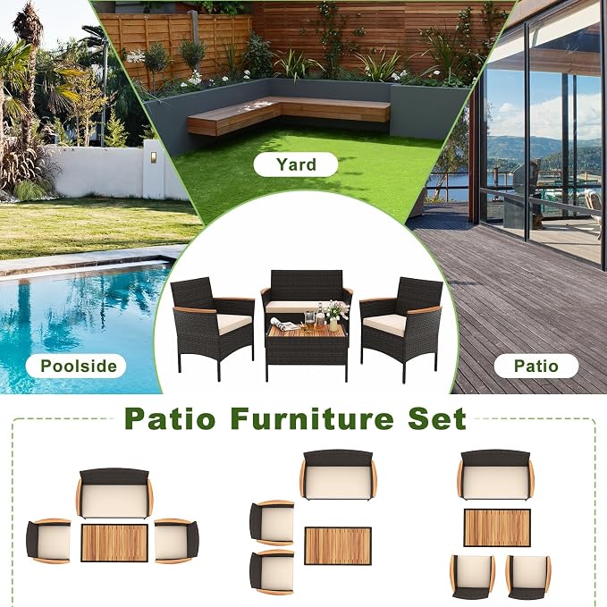 HAPPYGRILL 4 Pieces Outdoor Patio Rattan Furniture Set, Rattan Conversation Set with Chairs & Loveseat, Acacia Wood Tabletop & Armrest, Outdoor Cushion Sofa Set for Backyard Patio Poolside