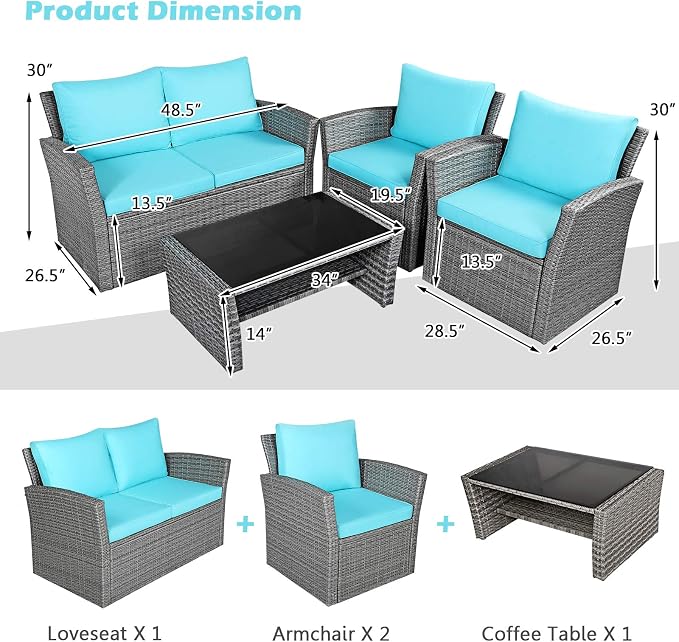 RELAX4LIFE 4-Piece Patio Conversation Seat - Wicker Sofa Set w/Seat & Back Cushions, Coffee Table w/Tempered Glass Tabletop, Outdoor Rattan Sofa Set for Backyard, Porch (Turquoise)