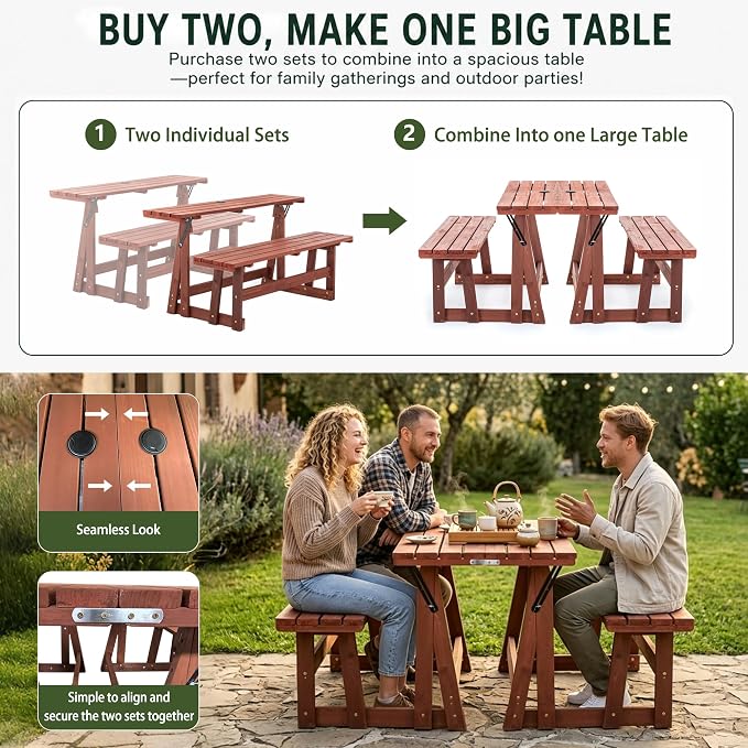 KEIKI 2-in-1 Convertible Wood Picnic Table & Bench with Umbrella Hole | 2-in-1 folding bench and picnic table with umbrella hole, solid wood frame, 500 lb bench capacity