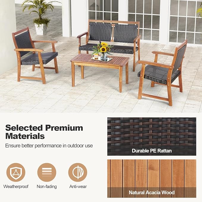 DORTALA 4 Piece Wood Patio Furniture Set, Outdoor Wicker Rattan Conversation Set with Chairs & Coffee Table for Garden, Backyard, Poolside