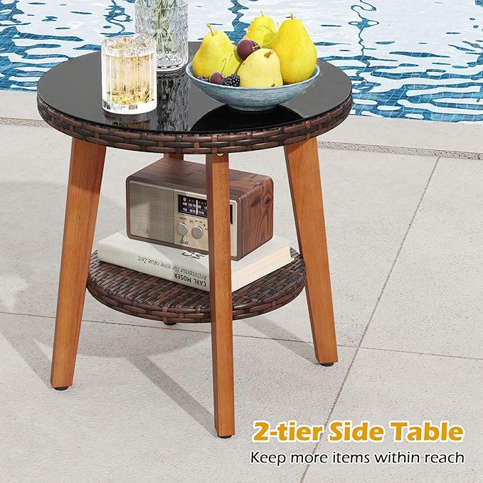 Tangkula 3 Pieces Patio Wicker Furniture Set with Acacia Wood Frame, Outdoor Conversation Cushioned Chairs and 2-Tier Tempered Glass Coffee Table for Porch, Balcony, Garden and Backyard (Off White)