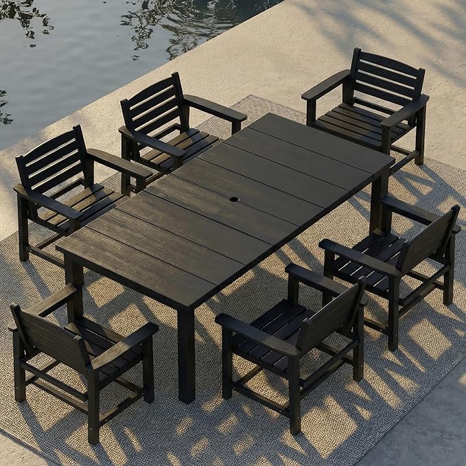 7-Piece Outdoor Dining Set for 6, 75.2" HDPE Patio Table with Umbrella Hole & 6 Chairs, Weather-Resistant Wood-Look Patio Furniture for Garden, Lawn, Deck, or Poolside (Black)