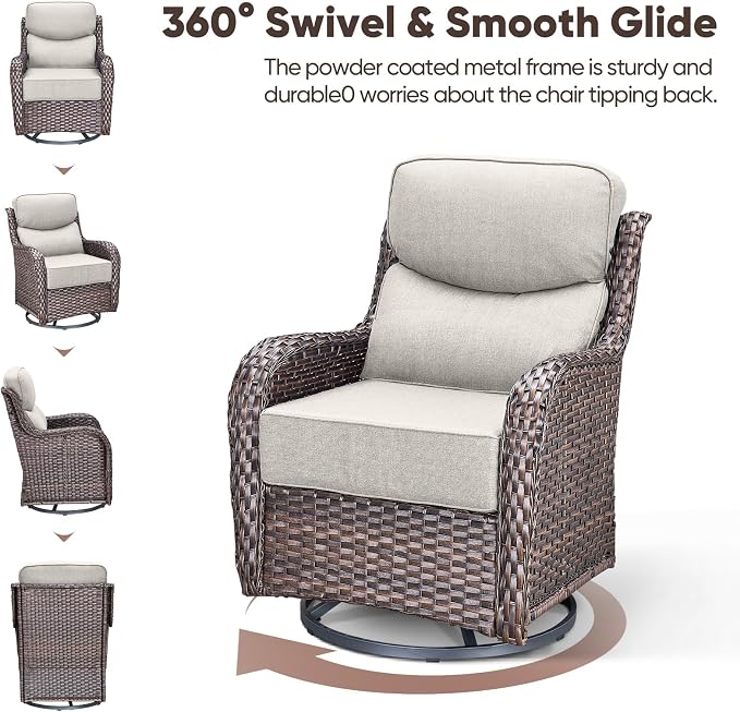Swivel Patio Chairs sofa Set with 6" Thick Cushion - Wicker Outdoor Swivel Rocker Patio Chair with Side Table, High Back Comfortable Outdoor Glider Chairs - Brown Wicker | Beige Cushions | 4pcs