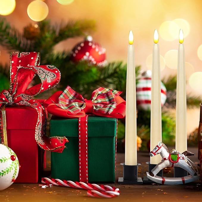CVHOMEDECO. Flameless Taper Candles with 10-Key Remote, Battery Operated Led Flickering 3D Wick Window Candles Real Wax Finished Home Christmas Party Decor 0.78 x 11 Inch, Pack of 3, Ivory