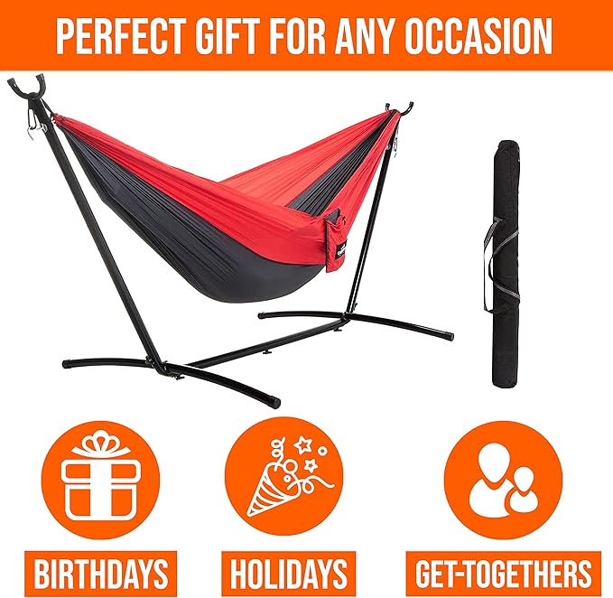 Castaway Living Travel Camping Hammock with Space Saving Stand & Storage Bag with an 400 LB Weight Capacity - Red/Charcoal