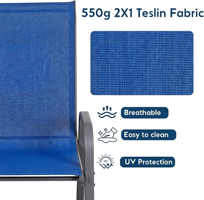 Arlopu 7-Piece Outdoor Table and Chairs for 6, Outdoor Dining Set W/Rectangle Glass Table and 6 Patio Textilene Stackable Chairs, Patio Furniture Set W/Umbrella Hole (Grey Table & Navy Blue Chair)