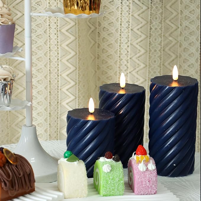 Battery Operated Flameless LED Candles with Remote Timer Real Wax Pillar Candles Electric Flickering decorative Navy Blue Wax Candles for Home Wedding Party Centerpiece Xmas Decor 3 PCS 3”X 4”, 5”, 6”