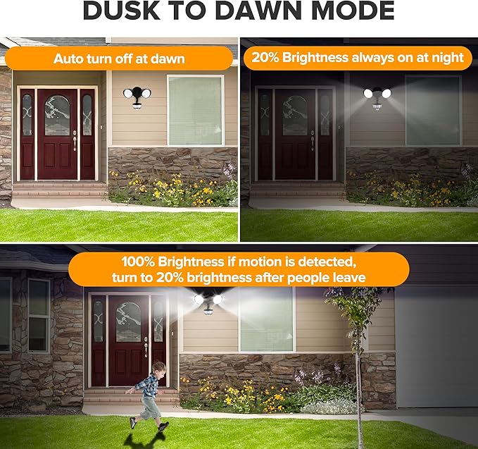LUTEC 34W 3000 Lumen Motion Sensor Outdoor Lights, 5000K Daylight, IP65 Waterproof Flood Lights Outdoor with Night Light, Dusk to Dawn Motion Detector LED Security Light for Outside Garage, Yard-Black
