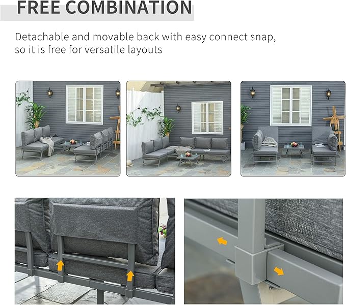 Outsunny 3 Pieces Patio Sofa Furniture Set, 2 Convertible Couch Chaise Lounge Chairs, 1 Coffee Table, Throw Pillows, Water-Repellent Cushions, Grey