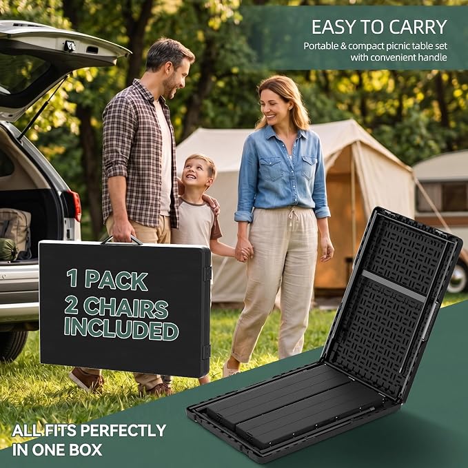 6FT All-in-One Folding Table and Chair Set, Seats 6-8, Chairs Store Inside to Form Carrying Case, Heavy Duty HDPE & Steel, Portable Space-Saving for Outdoor, Party, Camping, Picnic,Black