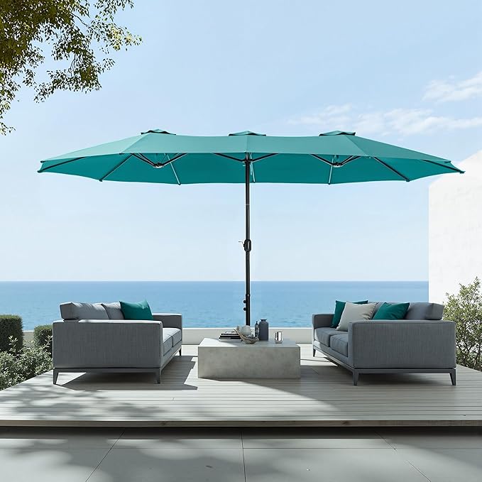 Sophia & William 15 ft Extra Large Patio Umbrella with Base Included, Rectangular Outdoor Umbrella Heavy Duty, Market Umbrella Double-sided Fade Resistant for Pool Garden Backyard, Turquoise